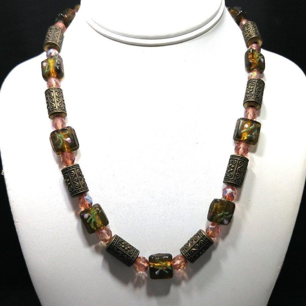 Handmade Art Bead Necklace, Pink Czech Beads, Brass Barrel Bead, Handmade, 20"